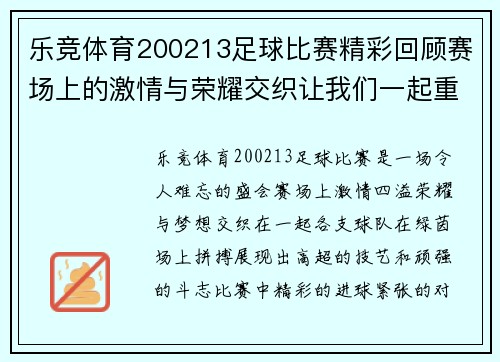 乐竞体育200213足球比赛精彩回顾赛场上的激情与荣耀交织让我们一起重温难忘瞬间