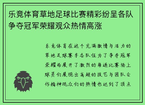 乐竞体育草地足球比赛精彩纷呈各队争夺冠军荣耀观众热情高涨