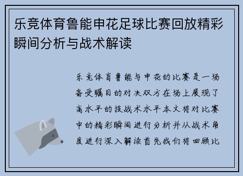 乐竞体育鲁能申花足球比赛回放精彩瞬间分析与战术解读