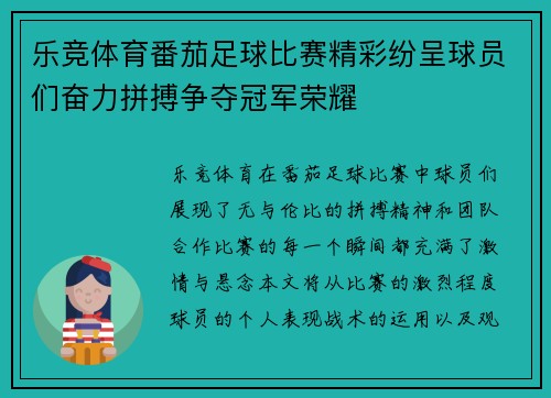 乐竞体育番茄足球比赛精彩纷呈球员们奋力拼搏争夺冠军荣耀
