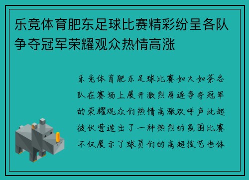 乐竞体育肥东足球比赛精彩纷呈各队争夺冠军荣耀观众热情高涨